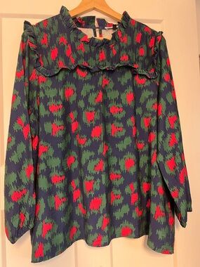 Michelle McDowell Ruffled Yoke Long Sleeve Blouse in Navy, Green & Pink